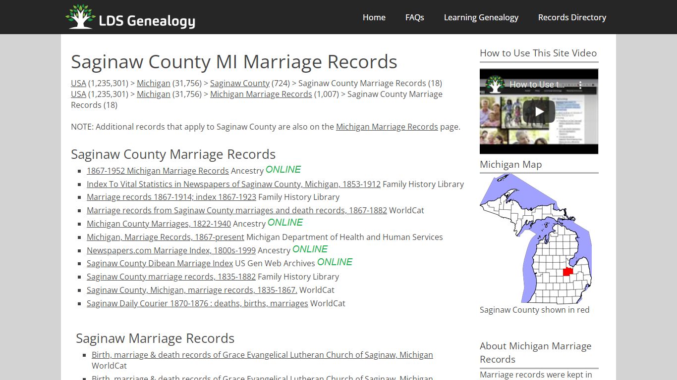 Saginaw County MI Marriage Records - LDS Genealogy